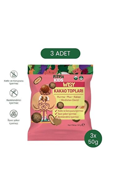 Kids Wisy Kakao Topları Doğal Hurma Muz Kakao Atıştırmalığı, Vegan Katkısız, Şekersiz 50 gr x 3 ADET