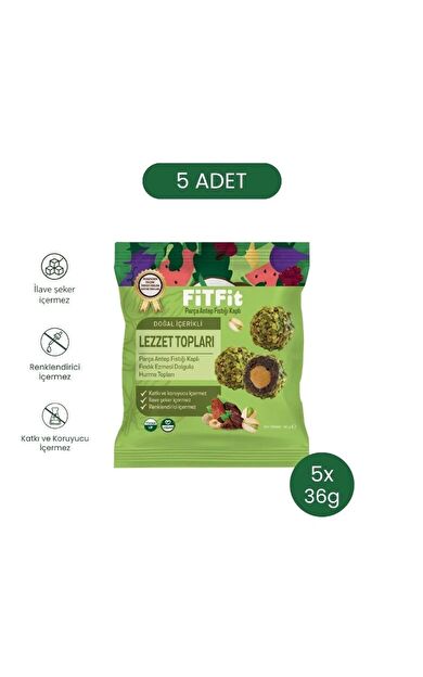 FitFit Antep Fıstıklı ve Fıstık Ezmesi Dolgulu Hurmalı Meyve Topları, Doğal Atıştırmalık 36 gr X 5 ADET