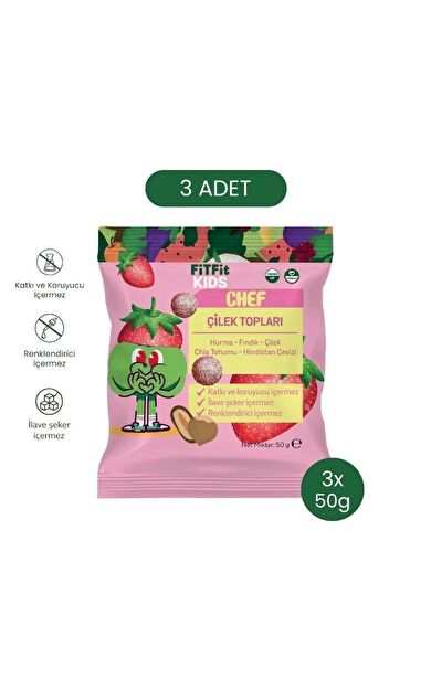 FitFit Çocuk Hindistan Cevizi Kaplı Çilekli Hurma Meyve Topları, Doğal Atıştırmalık 50 gr X 3 ADET