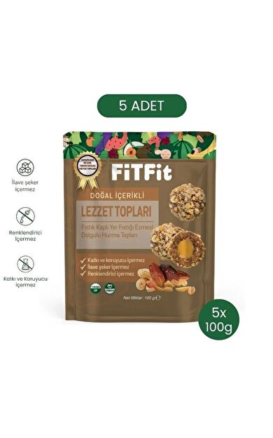 FiTFit Doğal İçerikli Lezzet Topları | Fıstık Kaplı Yer Fıstığı Ezmesi Dolgulu Hurma Topları 100 gr X 5 ADET