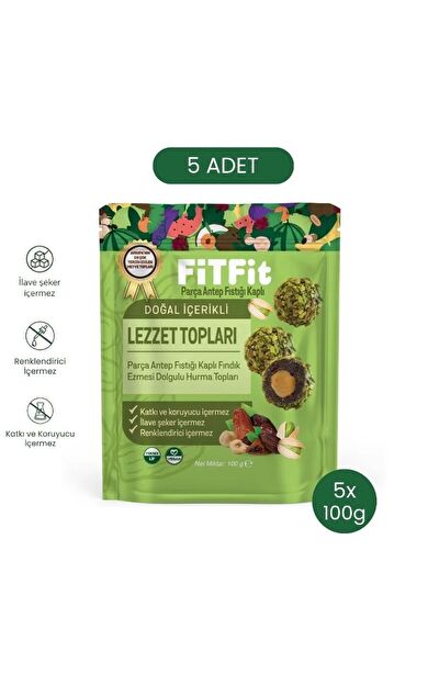 FiTFit Doğal İçerikli Lezzet Topları Antep Fıstıklı Fındık Ezmesi Dolgulu Lezzet Topları 100 gr x 5 ADET