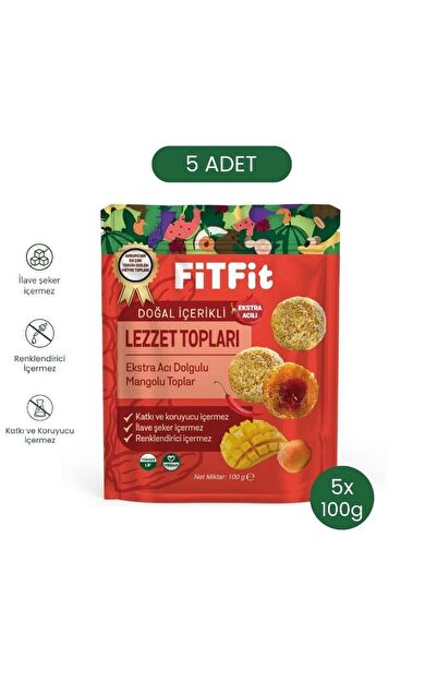 FiTFit Doğal İçerikli Lezzet Topları | Ekstra Acı Dolgulu Mangolu Hurma Meyve Topları 100 gr X 5 ADET
