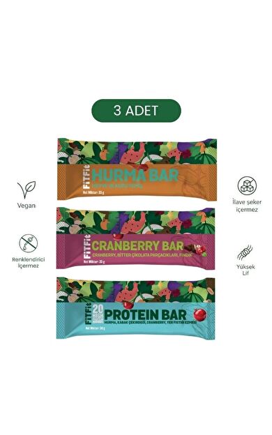FitFit Meyve &amp; Kuruyemiş Bar 3’lü Deneme Paketi | Hurma Bar – Protein Bar – Cranberry Bar