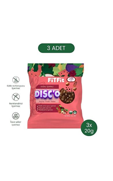 FiTFit Disc’o Hurma Fındık Kakao | Doğal Enerji Diski | Rafine Şekersiz &amp; Katkısız 20 gr x 3 ADET
