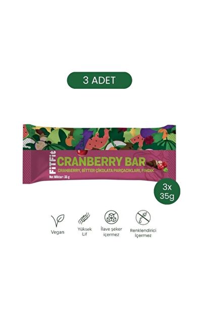 Cranberry Bar | Bitter Çikolatalı Fındıklı, İlave Şekersiz Atıştırmalık 35 gr x 3 ADET