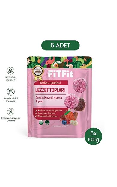 FiTFit Doğal İçerikli Sağlıklı Lezzet Topları | Orman Meyveli Hurma Meyve Topları, 100 gr x 5 ADET
