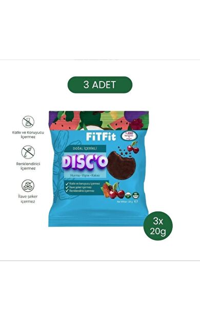 FitFit Disc'o Hurma Vişne Kakao Meyve Diski, Doğal Atıştırmalık 20 gr X 3 ADET