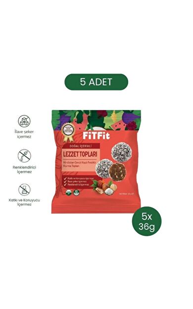 FitFit Hindistan Cevizi Kaplı Hurma Fındık Meyve Topları, Doğal Atıştırmalık 36 gr X 5 ADET