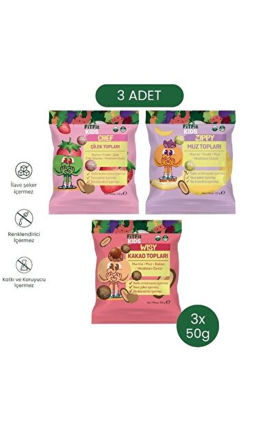 FitFit Kids Toplar 3’lü Deneme Paketi (Muz + Çilek + Kakao) 50 gr X 3 ADET