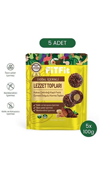 FiTFit Doğal İçerikli Lezzet Topları | Kakao Çekirdeği Kaplı Fıstık Ezmesi Dolgulu Hurma Topları 100 gr X 5 ADET