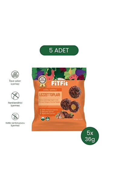 FitFit Kakao Çekirdeği Kaplı Fındık Ezmesi Dolgulu Hurma Meyve Topları, Doğal Atıştırmalık 36 gr X 5 ADET