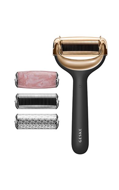 Geske Dermaroller Cihaz (mikro İğneli, Buz Başlığı, Pembe Kuvars Başlıklı) | Microneedle Face & Body Roller Koyu siyah