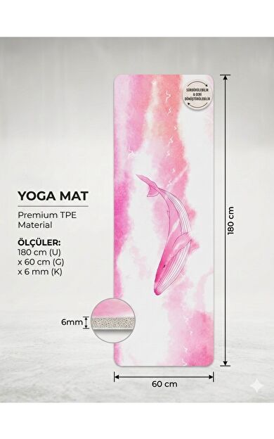 Hepitop Taşıma Çantalı Pembe Desenli Kaymaz TPE Yoga Matı &amp; Egzersiz Minderi - 6mm Kalınlık