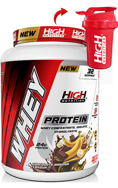 High Nutrition Whey Protein 960 gr Çikolata Muz Aromalı Protein Tozu 24 gram Protein 32 Servis Shaker Hediye