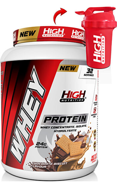 High Nutrition Whey Protein 960 gr Çikolata Bisküvi Aromalı Protein Tozu 24 gram Protein 32 Servis Shaker Hediye