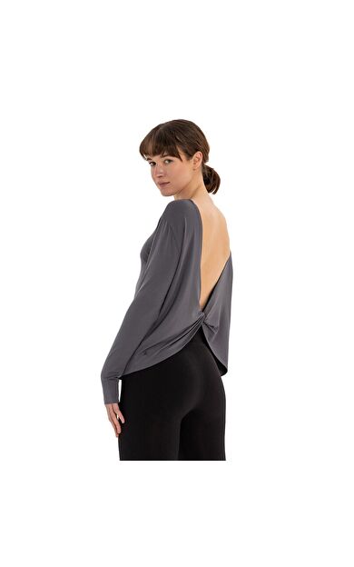 Inguz Sırt Detay Uzun Kollu Modal Yoga T-Shirt Gri