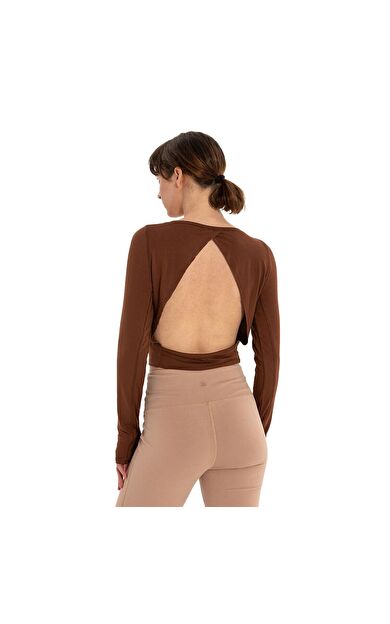Inguz Sırtı Üçgen Detay Parmak Geçmeli Modal T-Shirt Kahverengi