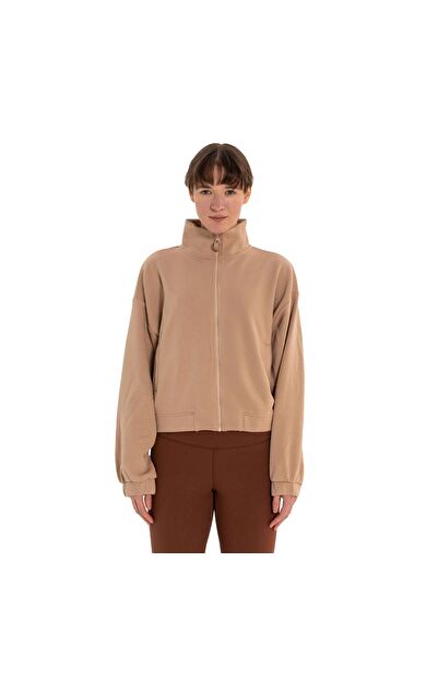 Inguz Dik Yaka Fermuarlı Organik Pamuk Sweatshirt Bej