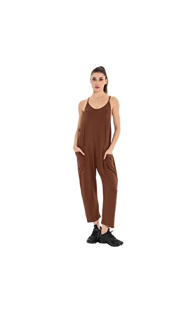 Inguz Cep Detay Yoga Şalvar Tulum Kahverengi