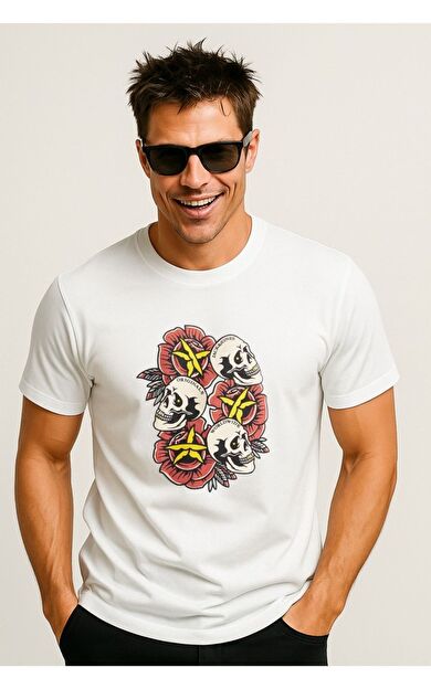 Jack & Jones Joranatomy Skull Tee Ss Crew Neck Ln Erkek Beyaz T-shirt 12272966          Beyaz