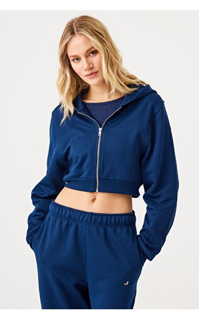 Aura Fermuarlı Crop Hoodie Lacivert