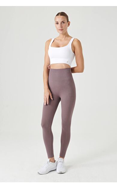 Jerf Luz Kemeri Rip Detaylı Yüksek Bel, Sıkılaştırıcı Tayt Açık Kahve