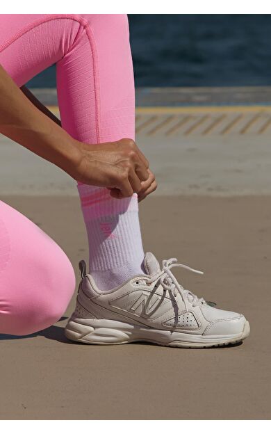 Soket Neon Çizgili Pamuk Çorap Beyaz_Neon Pembe