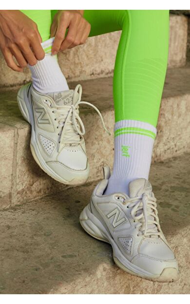 Soket Neon Çizgili Pamuk Çorap Beyaz_Neon Yeşil