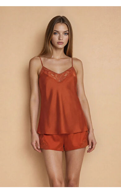 Kiremit Jumelles Şortlu Saten Gecelik Takımı