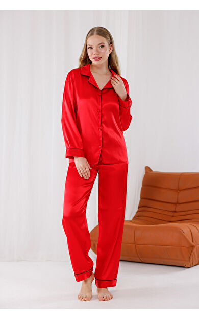 Kırmızı Saten Pijama Takımı