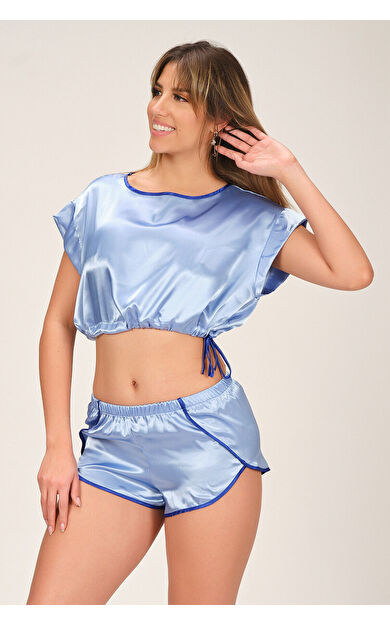 Mavi Soft Glow Saten Şort Takımı