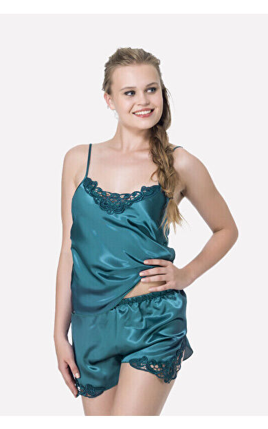 Petrol Jumelles Şortlu Saten Gecelik Takımı