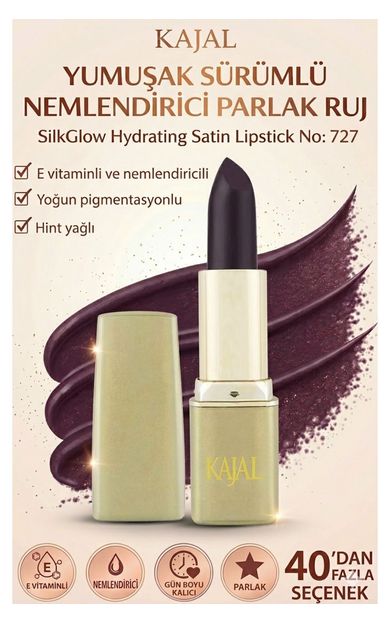 KAJAL Yumuşak Sürümlü Nemlendirici Parlak Ruj – SilkGlow Hydrating Satin Lipstick No: 727 Siyah