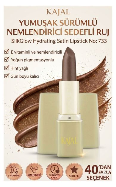 KAJAL Yumuşak Sürümlü Nemlendirici Sedefli Ruj – SilkGlow Hydrating Satin Lipstick No: 733 Soluk Kahverengi