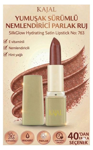 KAJAL Yumuşak Sürümlü Nemlendirici Parlak Ruj – SilkGlow Hydrating Satin Lipstick No: 763 Kızıl Kahverengi