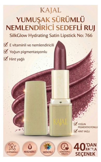 KAJAL Yumuşak Sürümlü Nemlendirici Sedefli Ruj – SilkGlow Hydrating Satin Lipstick No: 766 Bordo Gül