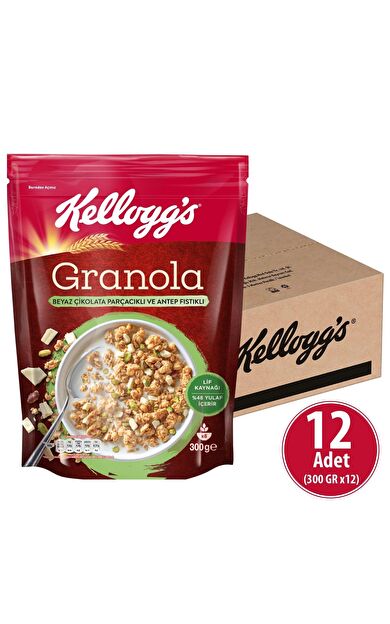 Beyaz Çikolata Parçacıklı&Antep Fıstıklı Granola 300 Gr x 12 Adet, %46 Yulaf Içerir, Lif Kaynağı