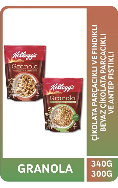 Granola Çikolata Parçacıklı Fındıklı 340 G ve Antep Fıstıklı Beyaz Çikolatalı 300 G