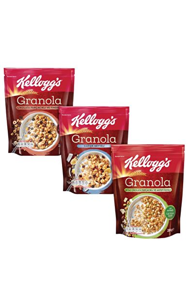 Kellogg’s 3’lü Granola Paketi,Çikolata Parçacıklı Fındık,Karışık Meyveli,Antep Fıstıklı Beyaz Çikolata
