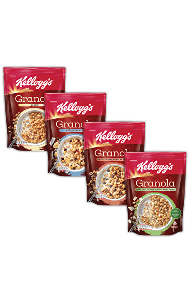 Kellogg's 4lü Granola Paketi,Çikolata Parçacıklı&Fındık,Klasik,Meyveli,Antep Fıstıklı&Beyaz Çikolata