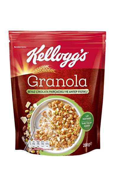 Kellogg's Beyaz Çikolata Parçacıklı&Antep Fıstıklı Granola 200 Gr,%46 Yulaf içerir,Lif Kaynağı
