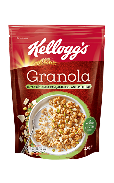 Kellogg's Beyaz Çikolata Parçacıklı&Antep Fıstıklı Granola 300Gr,%46 Yulaf içerir,Lif Kaynağı