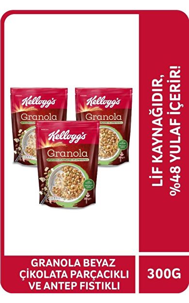 Kellogg's Beyaz Çikolata Parçacıklı&Antep Fıstıklı Granola 300Gr x3Adet,%46 Yulaf içerir,Lif Kaynağı