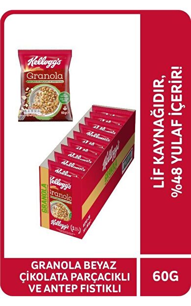 Kellogg's Beyaz Çikolata Parçacıklı&Antep Fıstıklı Granola 60Gr x10Adet,%46 Yulaf içerir,Lif Kaynağı