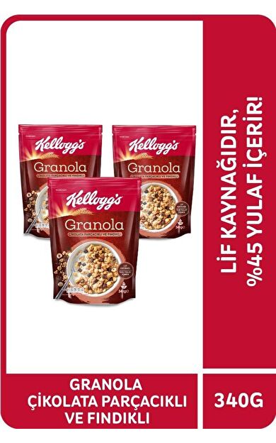 Kellogg's Çikolata Parçacıklı&Fındıklı Granola 340 Gr x3 Adet,%44 Yulaf içerir,Lif Kaynağı