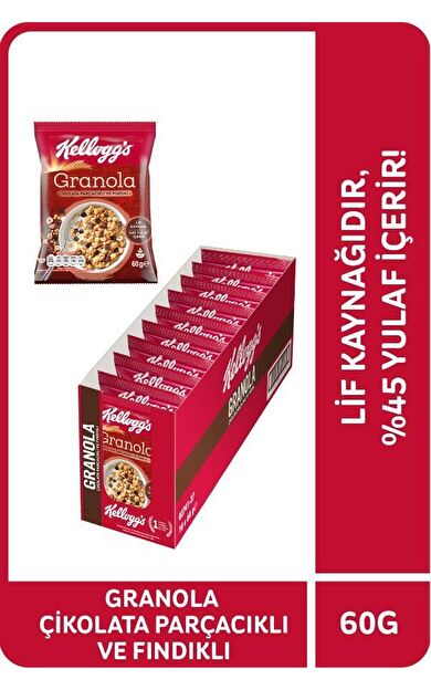 Kellogg's Çikolata Parçacıklı&Fındıklı Granola 60 Gr x10 Adet,%44 Yulaf içerir,Lif Kaynağı