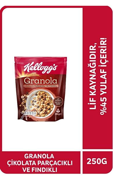 Kellogg's Çikolata Parçacıklı ve Fındıklı Granola 250 Gr,%44 Yulaf,Lif Kaynağı,Kahvaltılık Gevrek