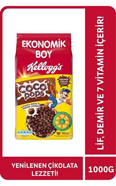 Kellogg's Coco Pops Çikolatalı Buğday ve Mısır Gevreği 1000 Gr, Lif,Demir ve 6 Vitamin içerir