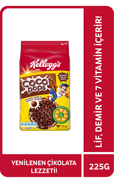 Kellogg's Coco Pops Çikolatalı Buğday ve Mısır Gevreği 225 Gr, Lif,Demir ve 6 Vitamin içerir