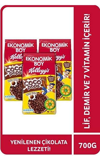 Kellogg's Coco Pops Çikolatalı Buğday ve Mısır Gevreği 700 Gr x 3 Adet, Lif, Demir ve 6 Vitamin içerir